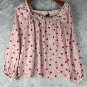 Valentines Day Ann Taylor Pink Red Heart Print Long sleeve Blouse Top Womens M